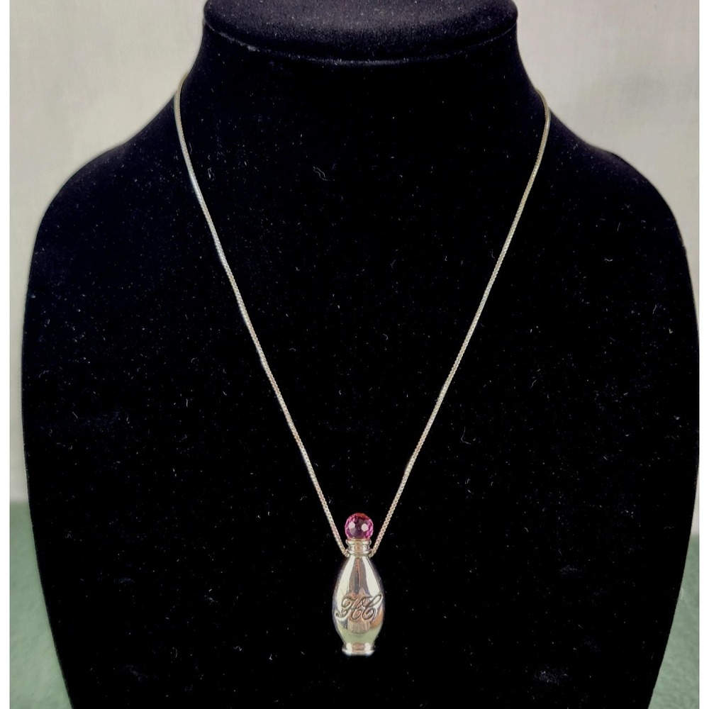 Avon 2004 Vintage Silver Tone Perfume Bottle Pendant Necklace Pink Crystal FCC